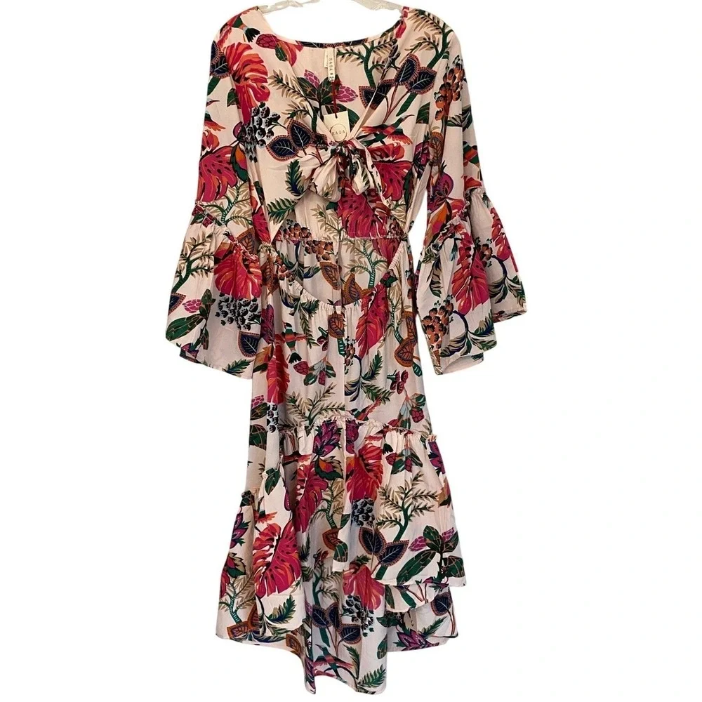 Raga Floral Cutout Bell Sleeve High Low Midi Dress Pink Multi R4561 Womens M NEW